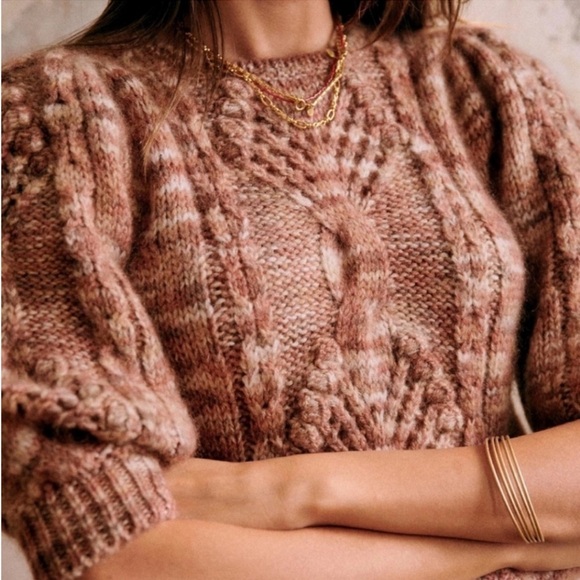 Sezane Pink Brown Scoop Neck Cable Knit Sweater - Picture 3 of 8